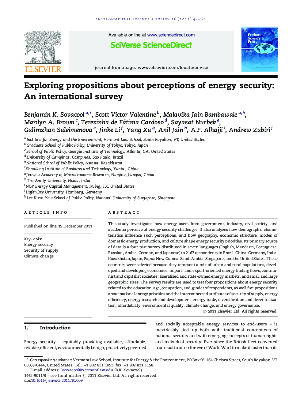 Exploring propositions about perceptions of energy security: An international survey