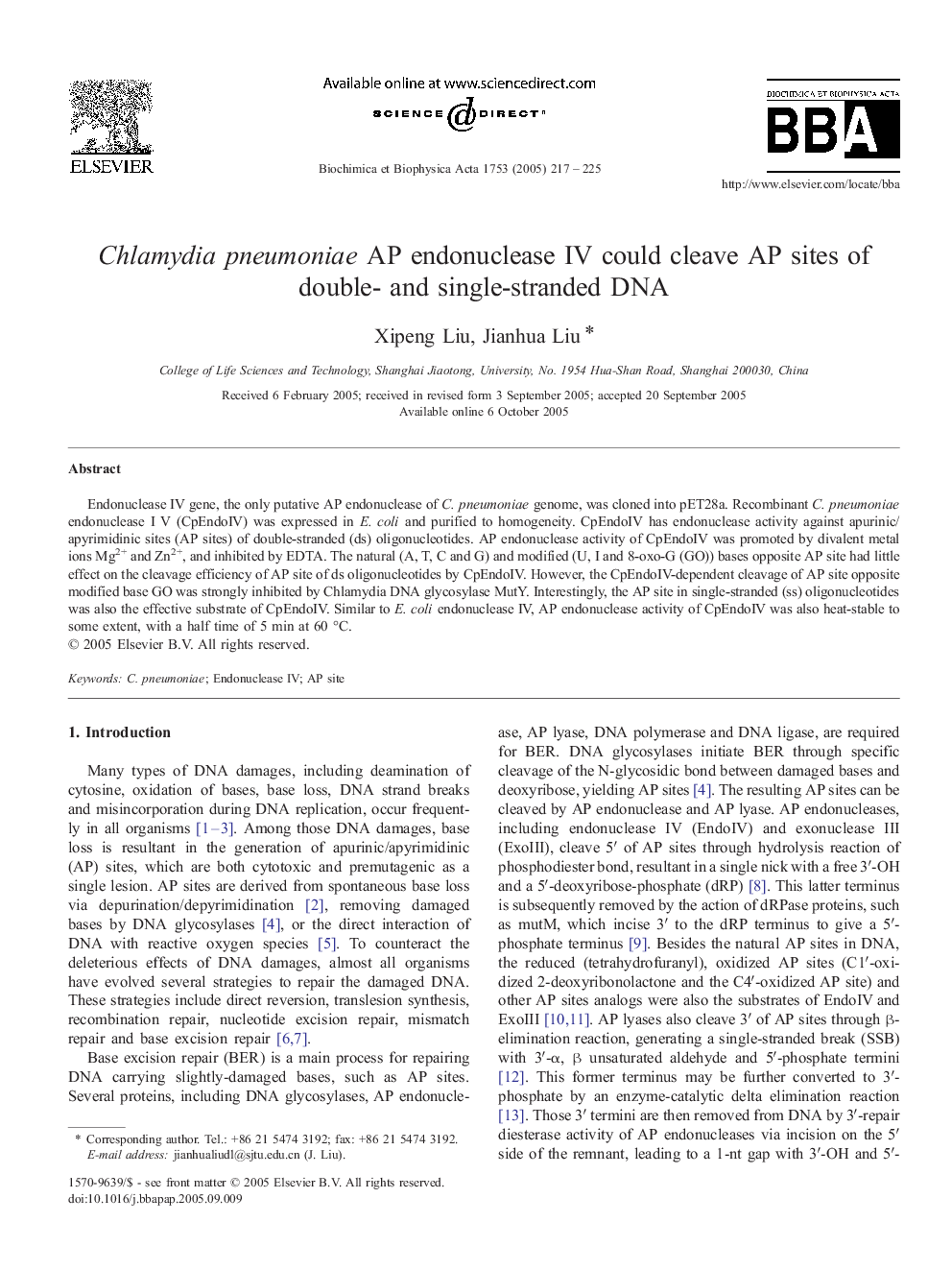 Chlamydia pneumoniae AP endonuclease IV could cleave AP sites of double- and single-stranded DNA