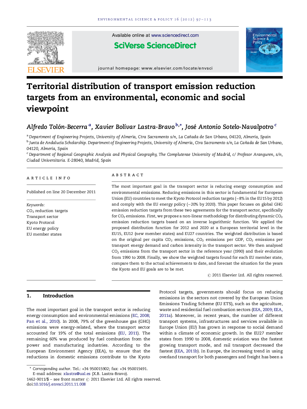 Territorial distribution of transport emission reduction targets from an environmental, economic and social viewpoint