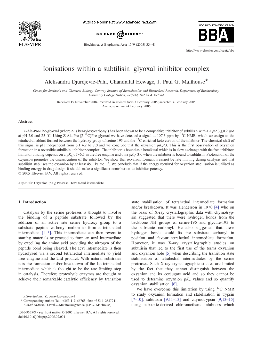 Ionisations within a subtilisin-glyoxal inhibitor complex
