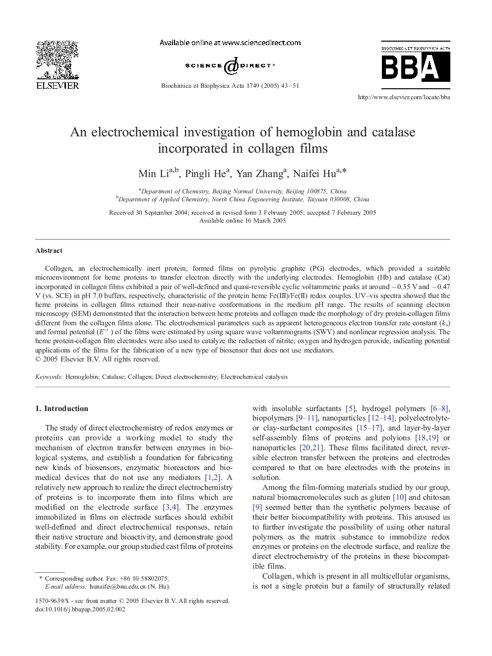 An electrochemical investigation of hemoglobin and catalase incorporated in collagen films