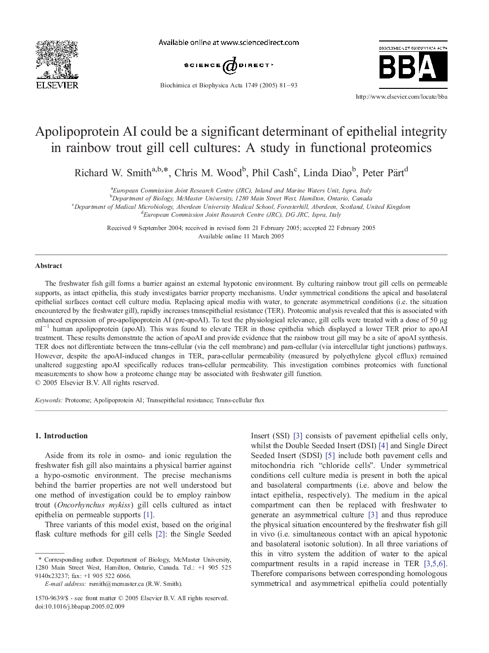 Apolipoprotein AI could be a significant determinant of epithelial integrity in rainbow trout gill cell cultures: A study in functional proteomics