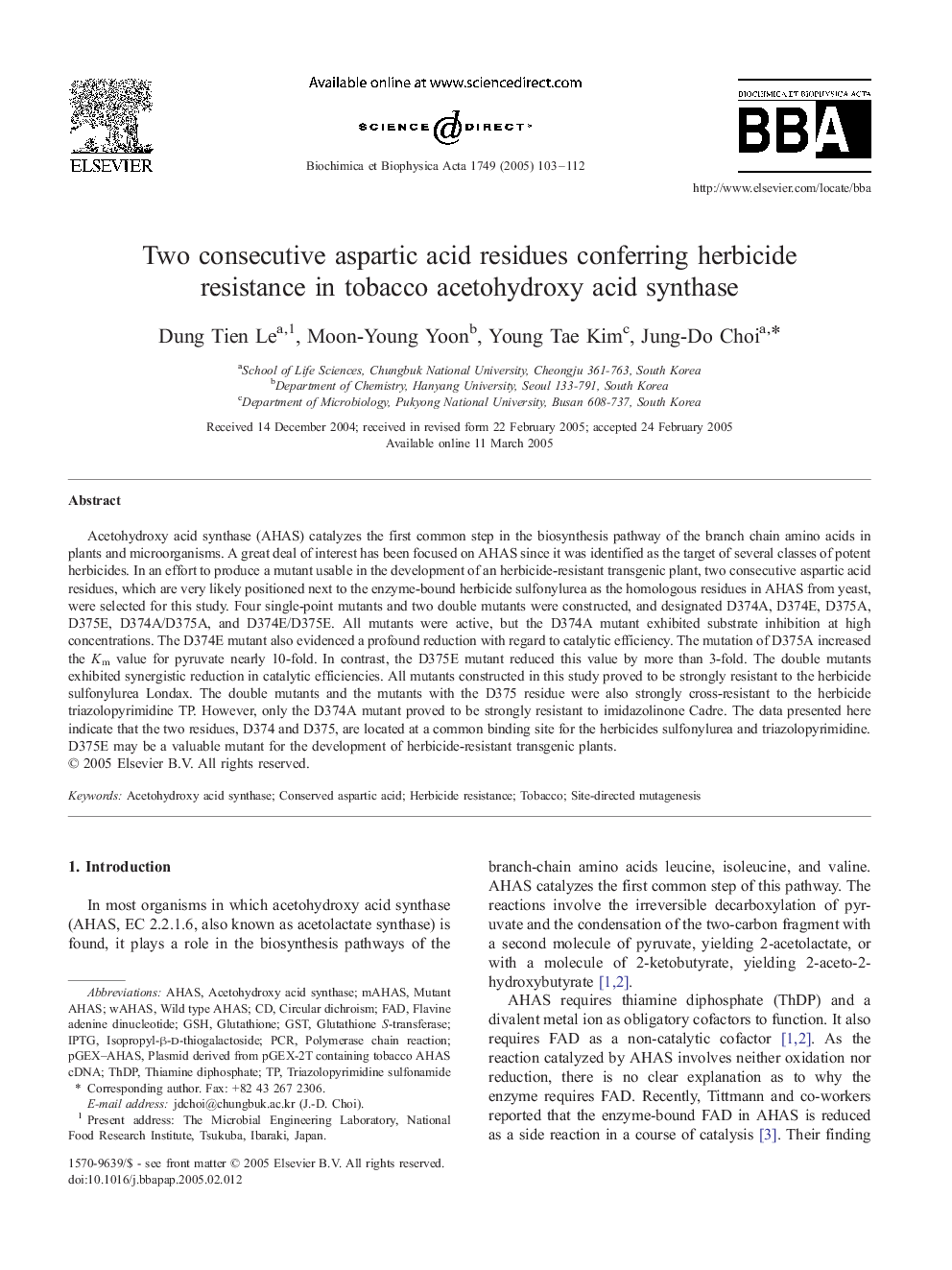 Two consecutive aspartic acid residues conferring herbicide resistance in tobacco acetohydroxy acid synthase