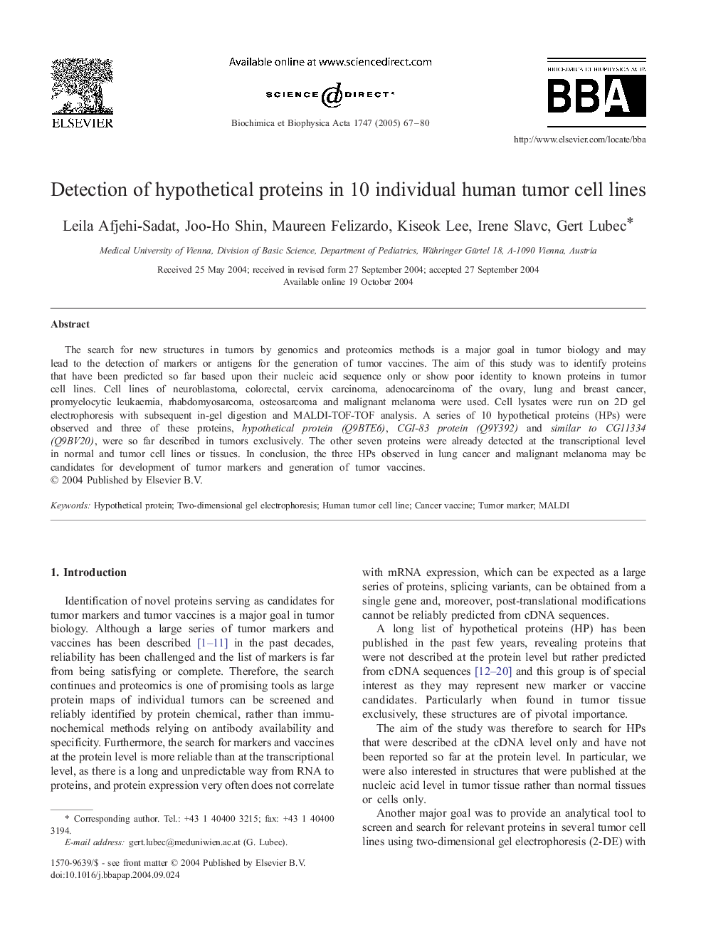 Detection of hypothetical proteins in 10 individual human tumor cell lines