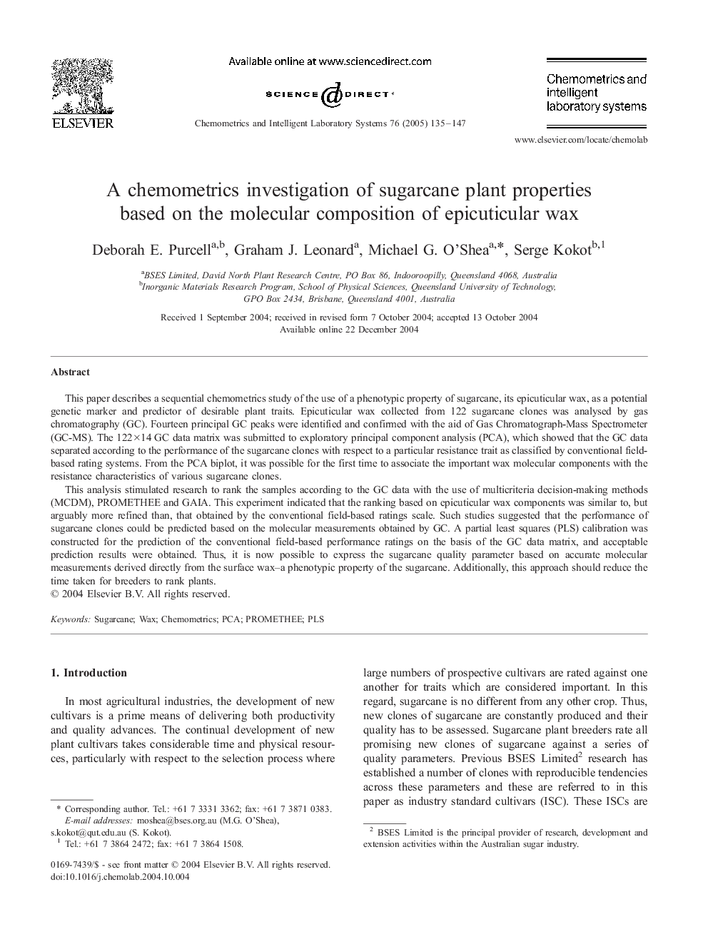 A chemometrics investigation of sugarcane plant properties based on the molecular composition of epicuticular wax