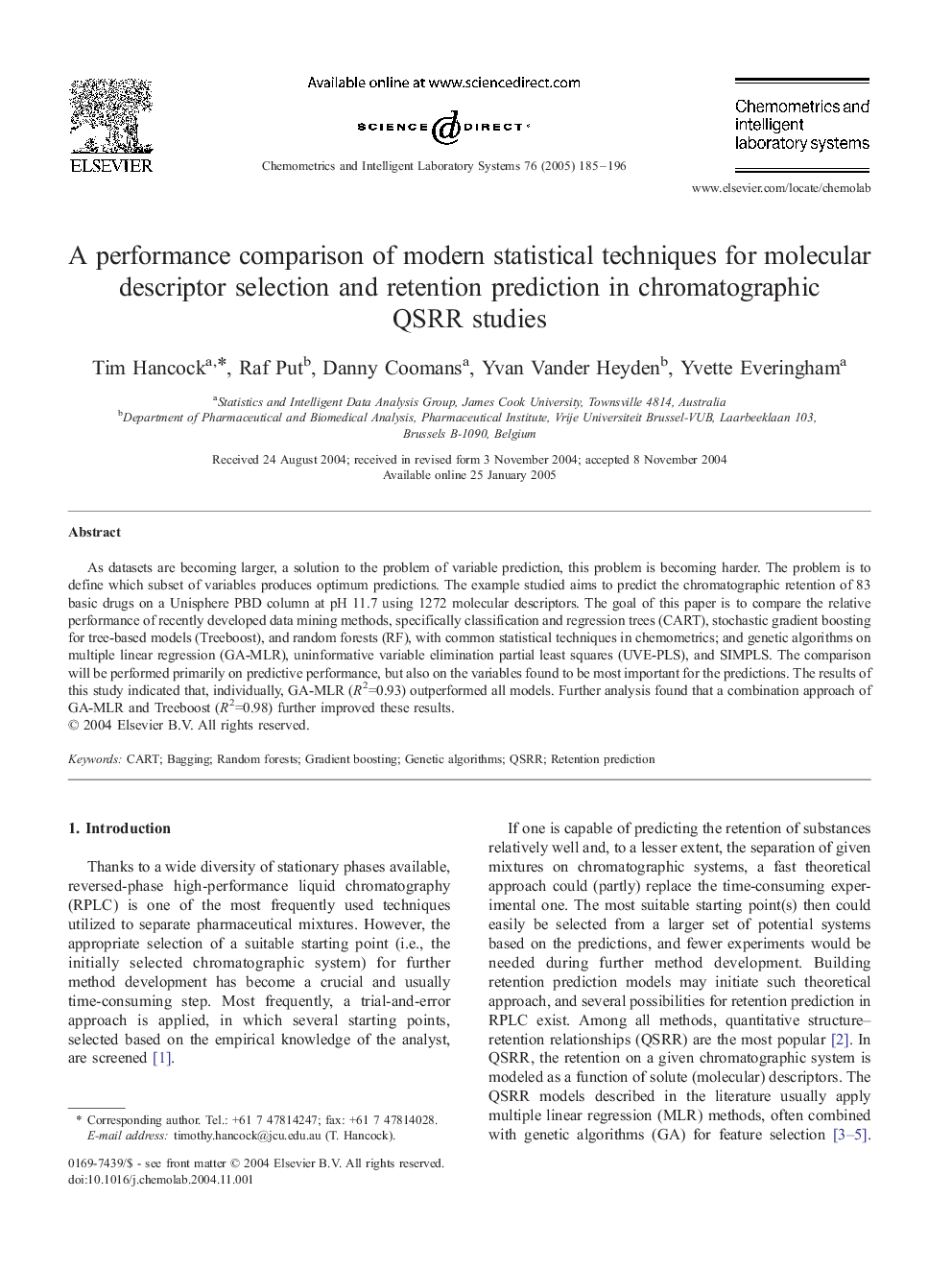 A performance comparison of modern statistical techniques for molecular descriptor selection and retention prediction in chromatographic QSRR studies
