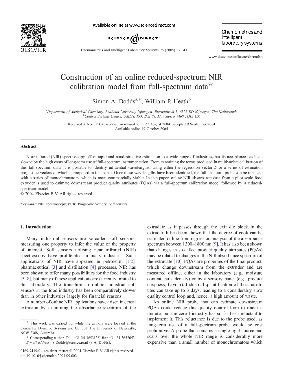 Construction of an online reduced-spectrum NIR calibration model from full-spectrum data