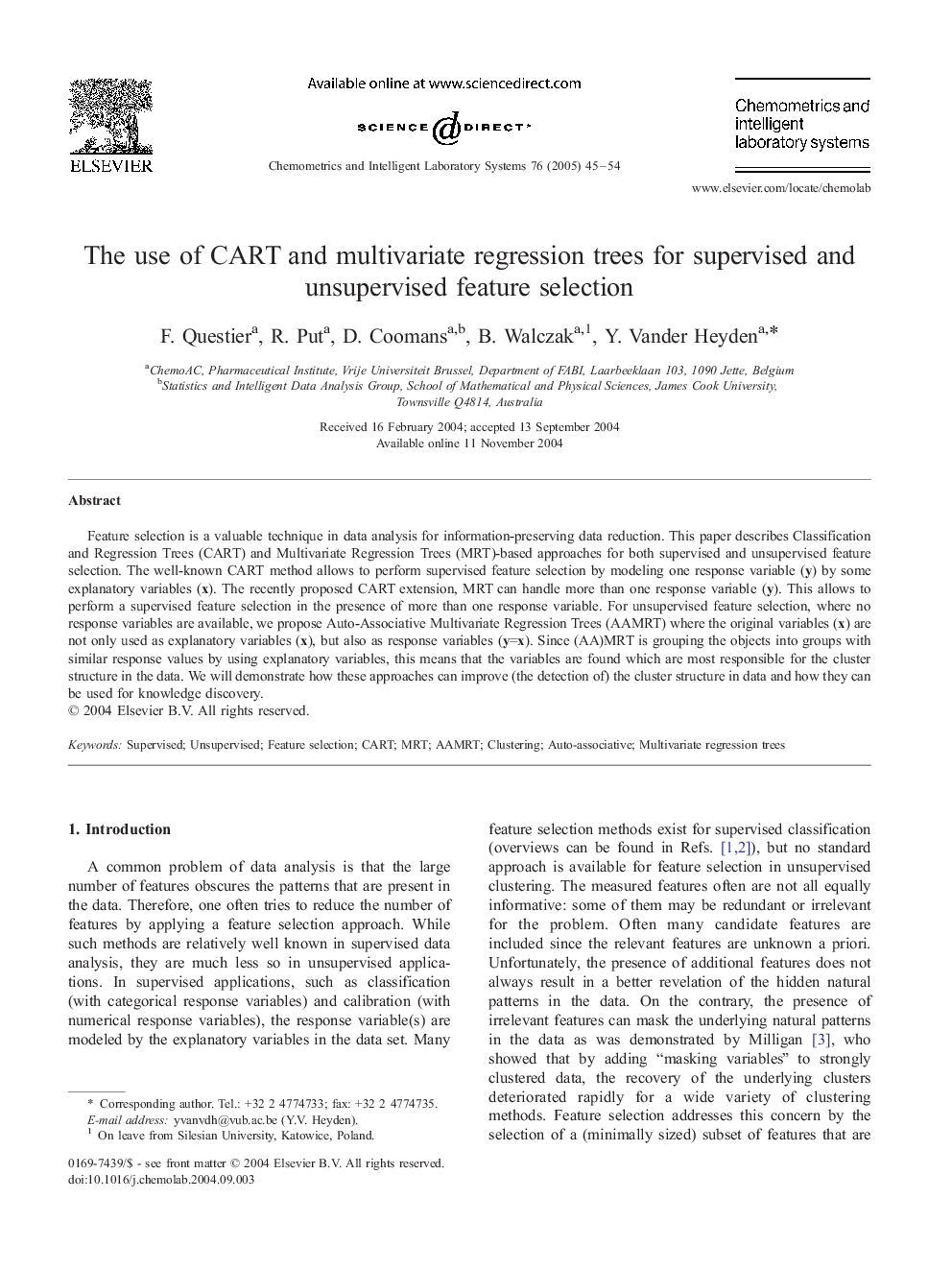 The use of CART and multivariate regression trees for supervised and unsupervised feature selection