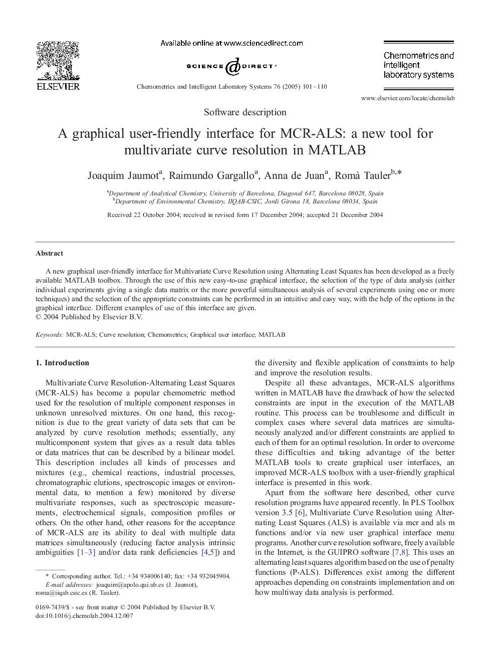 A graphical user-friendly interface for MCR-ALS: a new tool for multivariate curve resolution in MATLAB