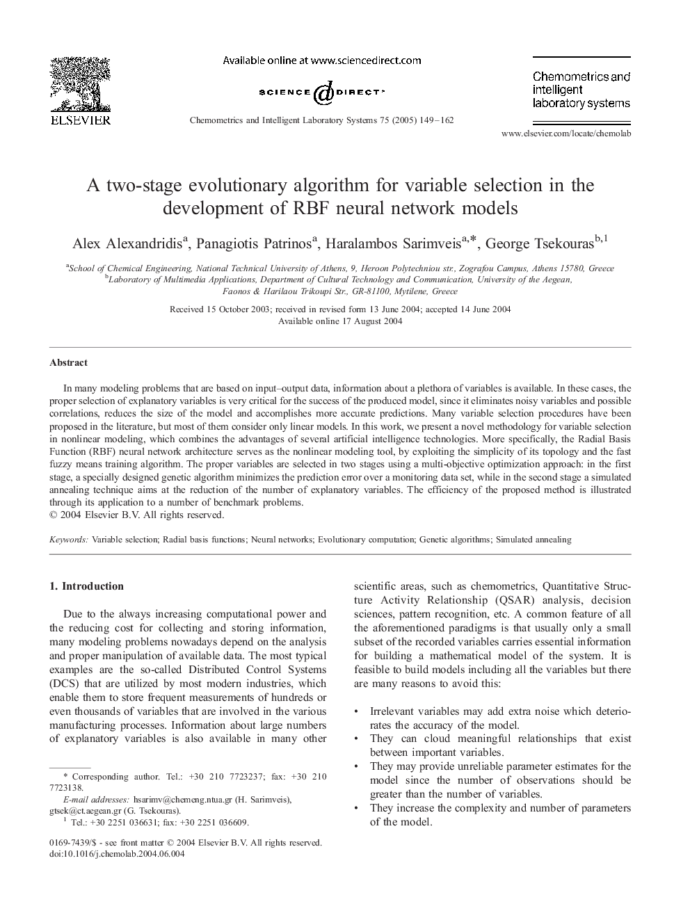 A two-stage evolutionary algorithm for variable selection in the development of RBF neural network models