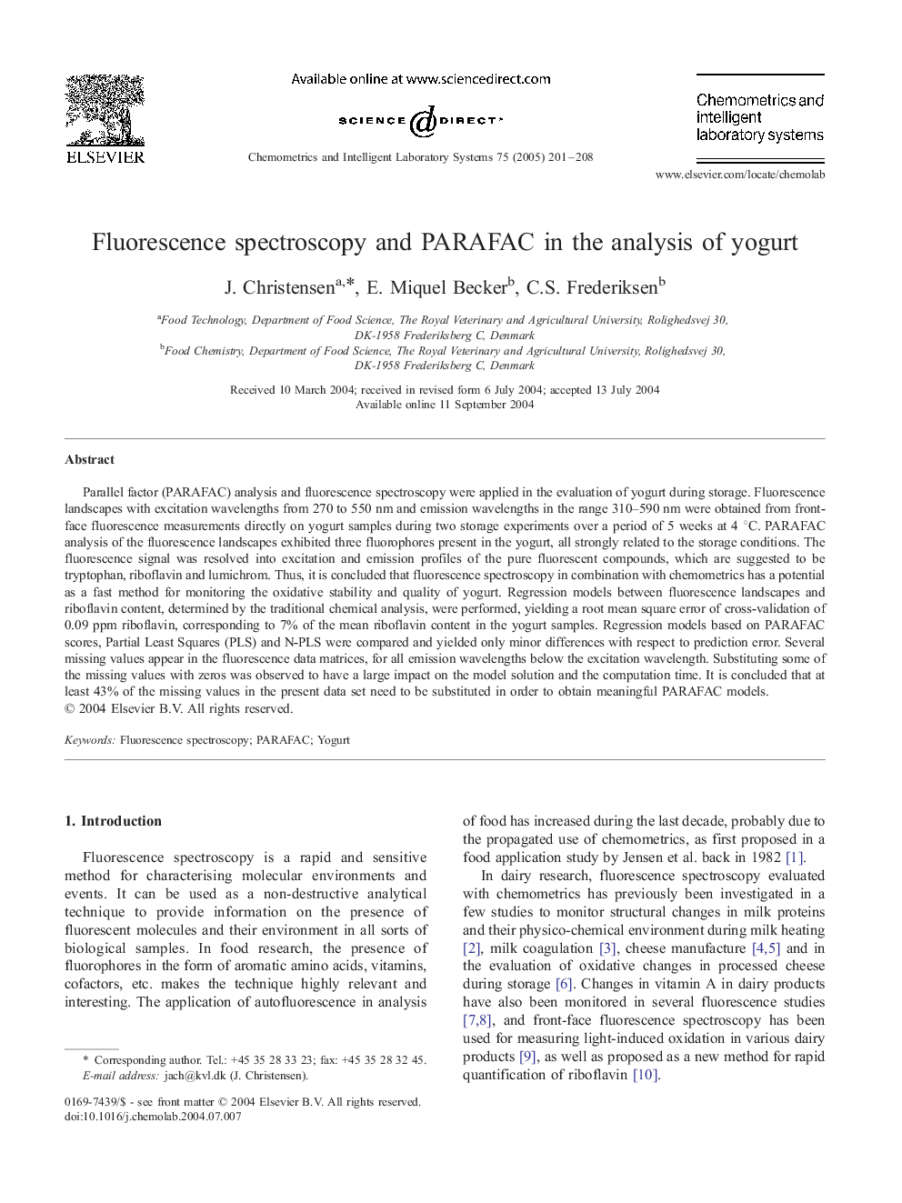 Fluorescence spectroscopy and PARAFAC in the analysis of yogurt