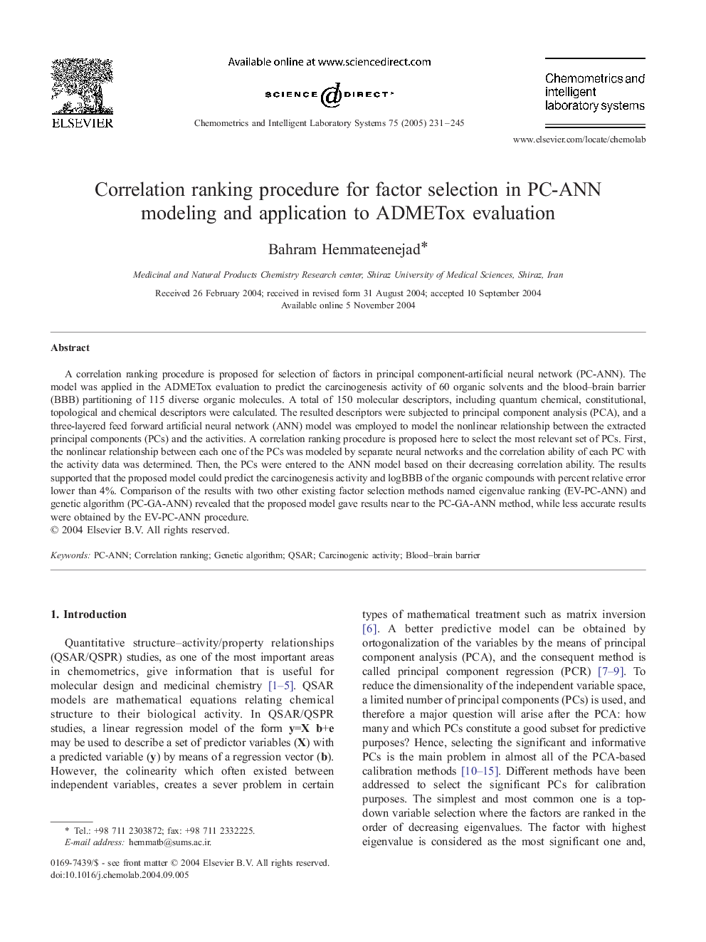 Correlation ranking procedure for factor selection in PC-ANN modeling and application to ADMETox evaluation