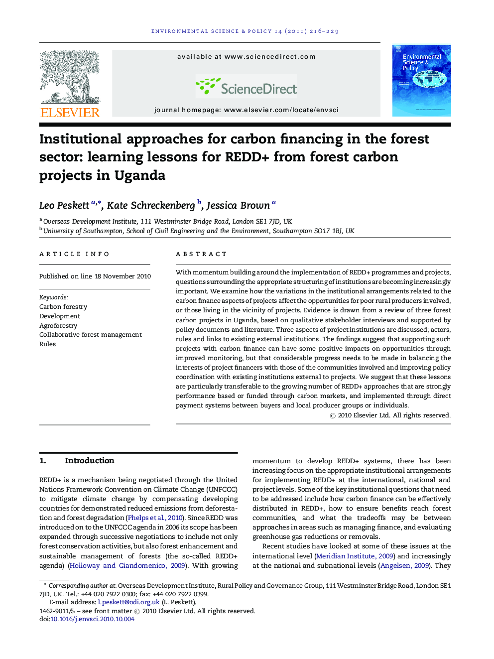 Institutional approaches for carbon financing in the forest sector: learning lessons for REDD+ from forest carbon projects in Uganda