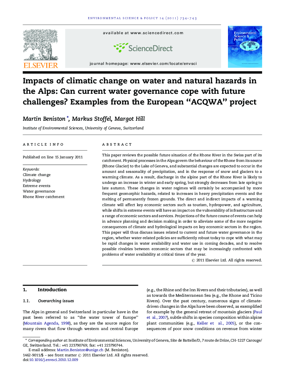 Impacts of climatic change on water and natural hazards in the Alps: Can current water governance cope with future challenges? Examples from the European “ACQWA” project