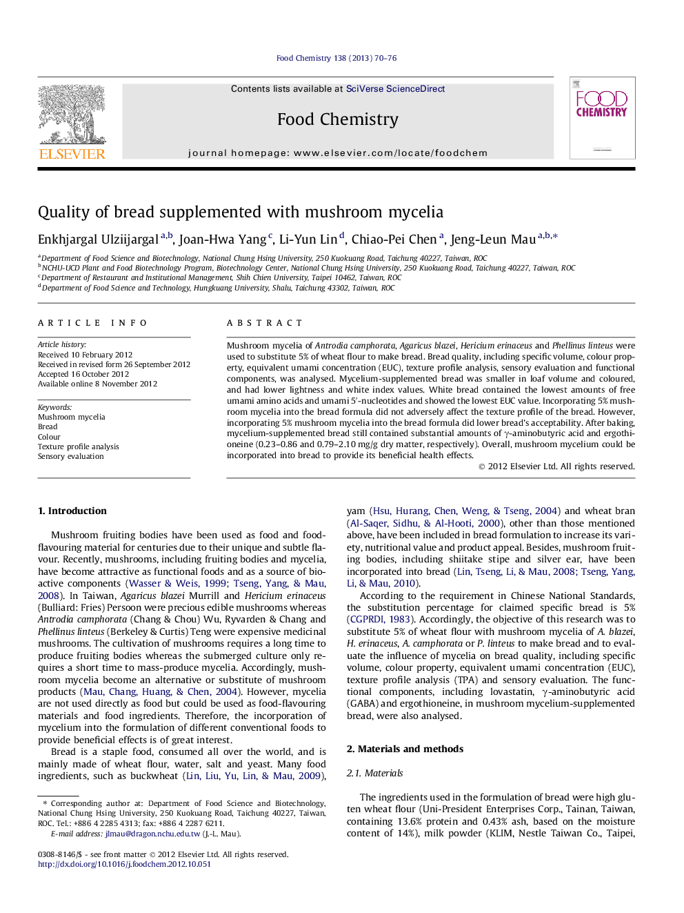 Quality of bread supplemented with mushroom mycelia