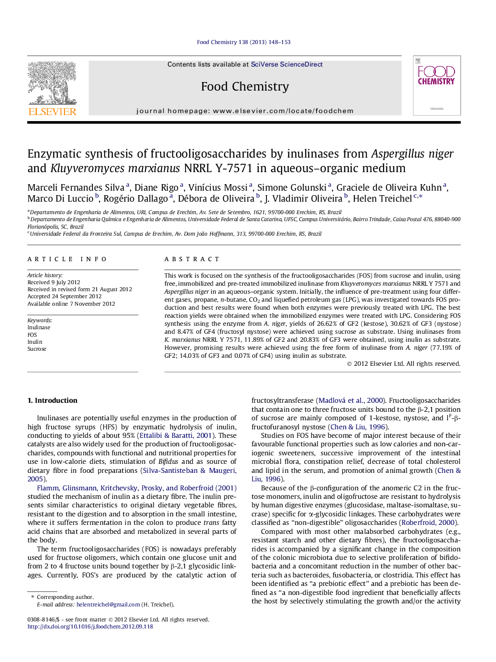 Enzymatic synthesis of fructooligosaccharides by inulinases from Aspergillus niger and Kluyveromyces marxianus NRRL Y-7571 in aqueous-organic medium