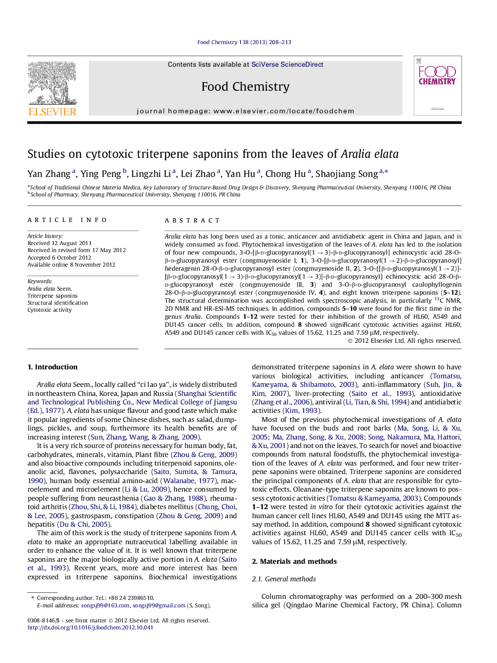 Studies on cytotoxic triterpene saponins from the leaves of Aralia elata