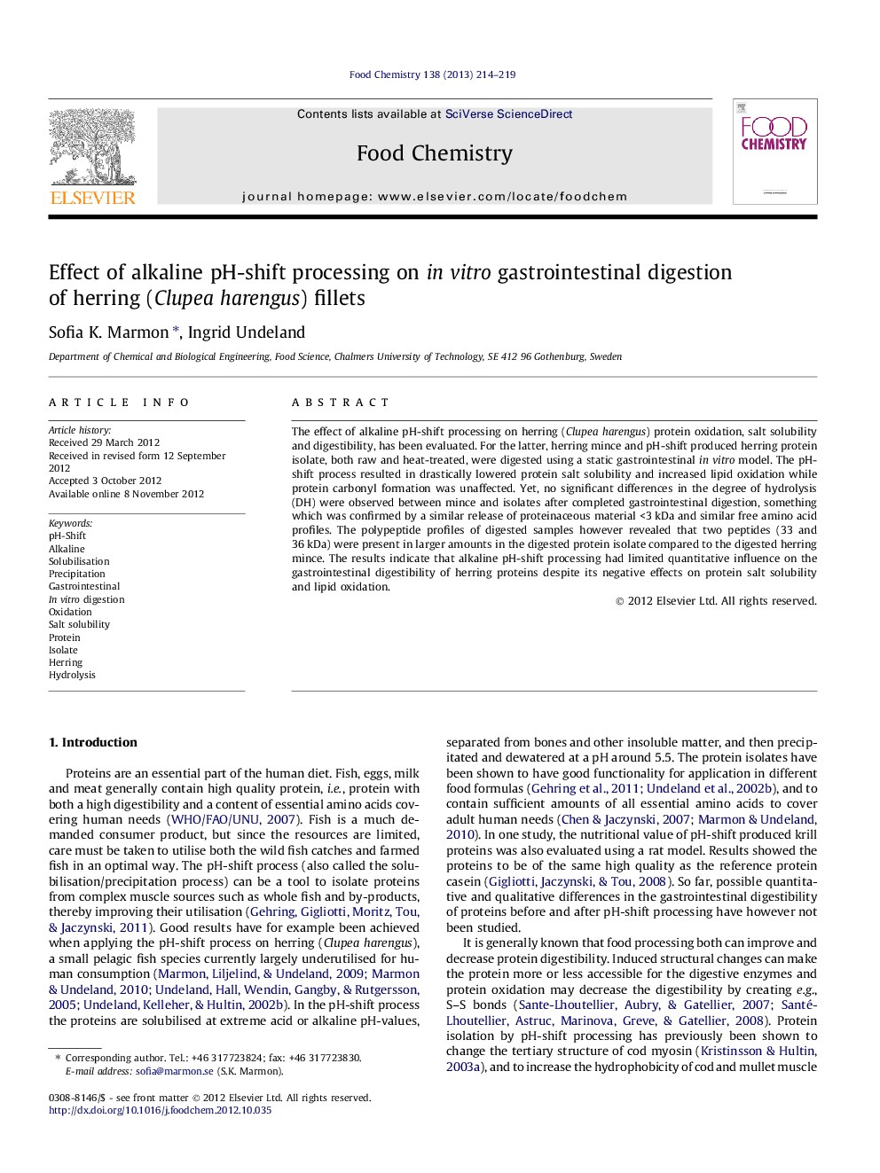 Effect of alkaline pH-shift processing on in vitro gastrointestinal digestion of herring (Clupea harengus) fillets