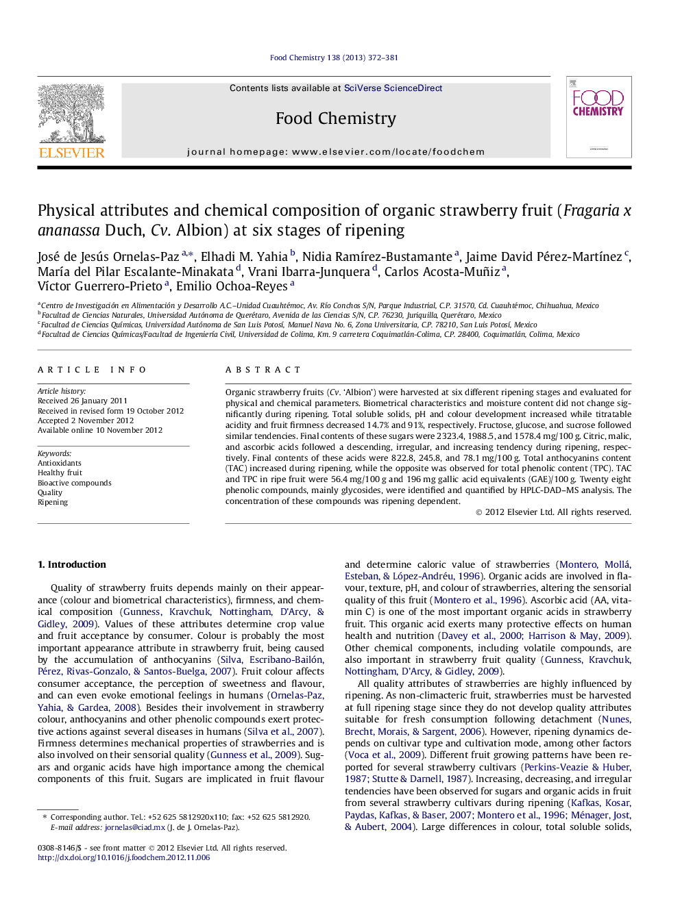 Physical attributes and chemical composition of organic strawberry fruit (Fragaria x ananassa Duch, Cv. Albion) at six stages of ripening