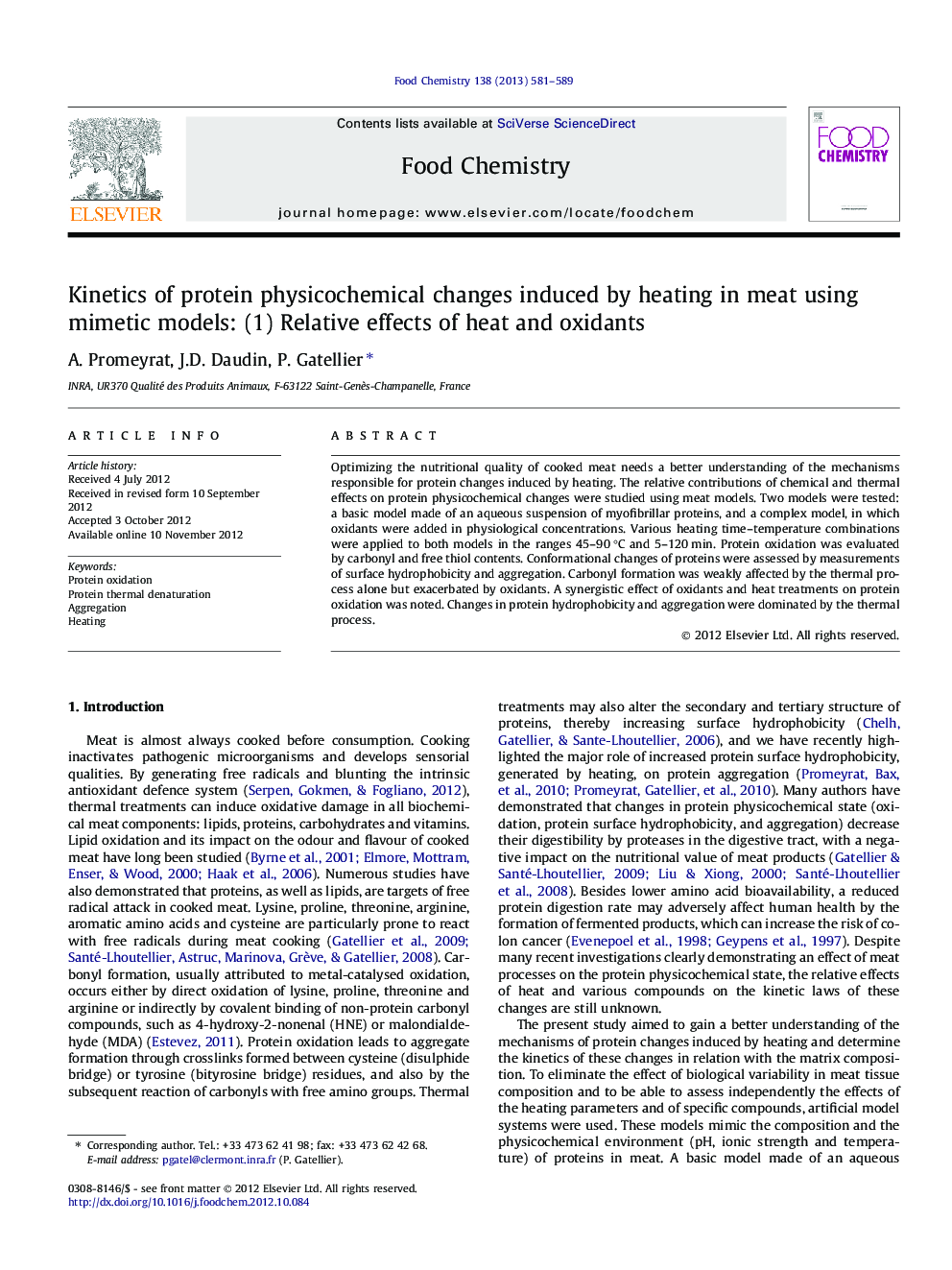 Kinetics of protein physicochemical changes induced by heating in meat using mimetic models: (1) Relative effects of heat and oxidants