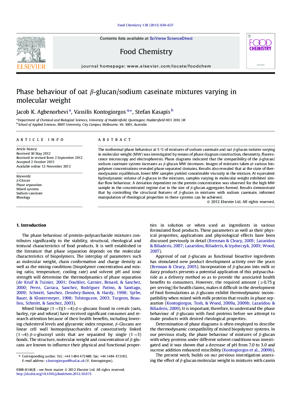 Phase behaviour of oat Î²-glucan/sodium caseinate mixtures varying in molecular weight