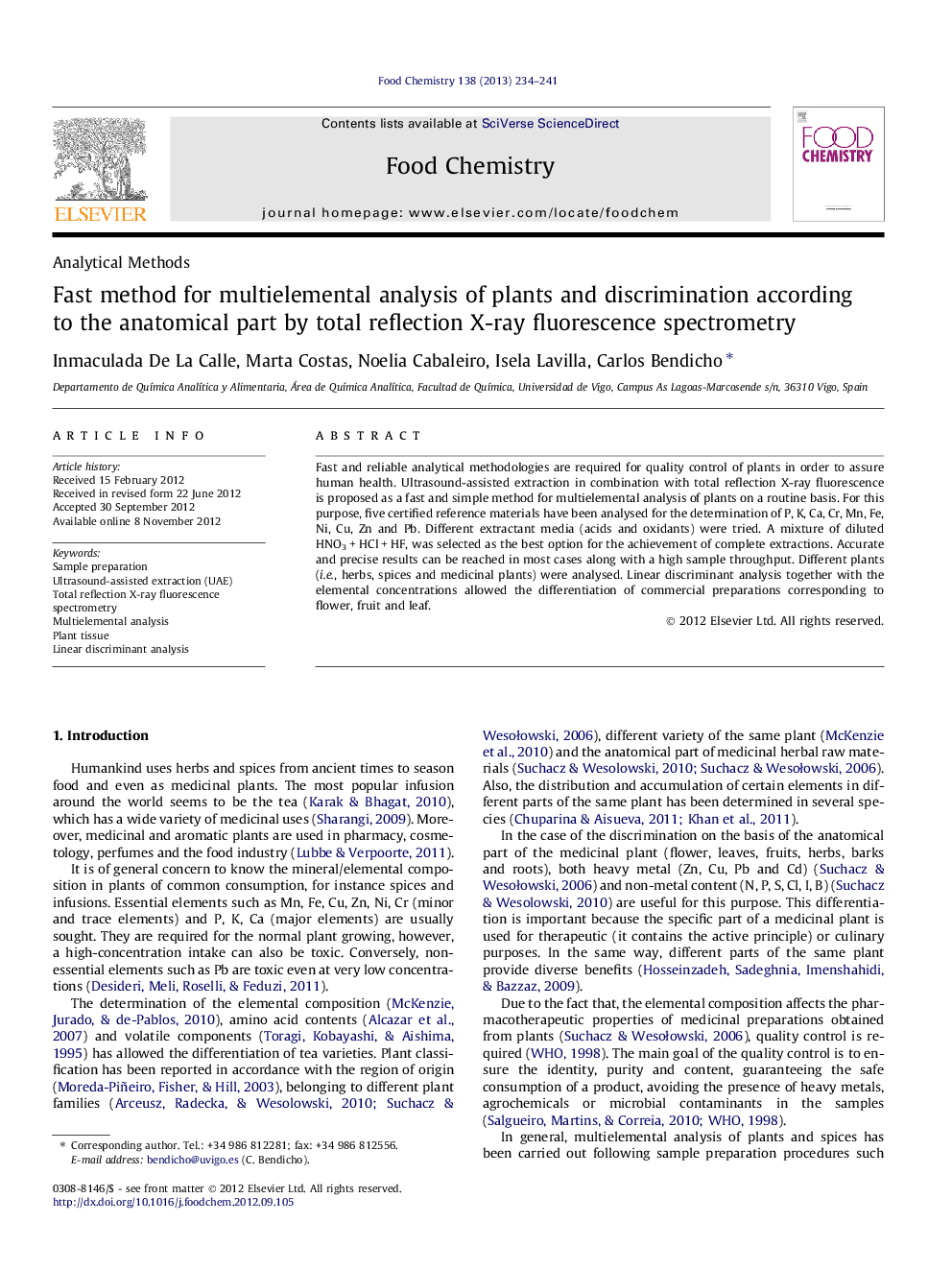 Fast method for multielemental analysis of plants and discrimination according to the anatomical part by total reflection X-ray fluorescence spectrometry