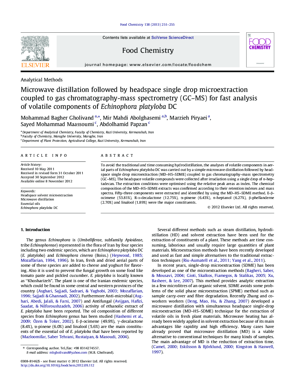 Microwave distillation followed by headspace single drop microextraction coupled to gas chromatography-mass spectrometry (GC-MS) for fast analysis of volatile components of Echinophora platyloba DC