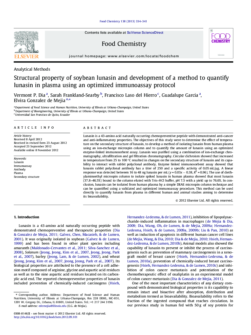 Structural property of soybean lunasin and development of a method to quantify lunasin in plasma using an optimized immunoassay protocol