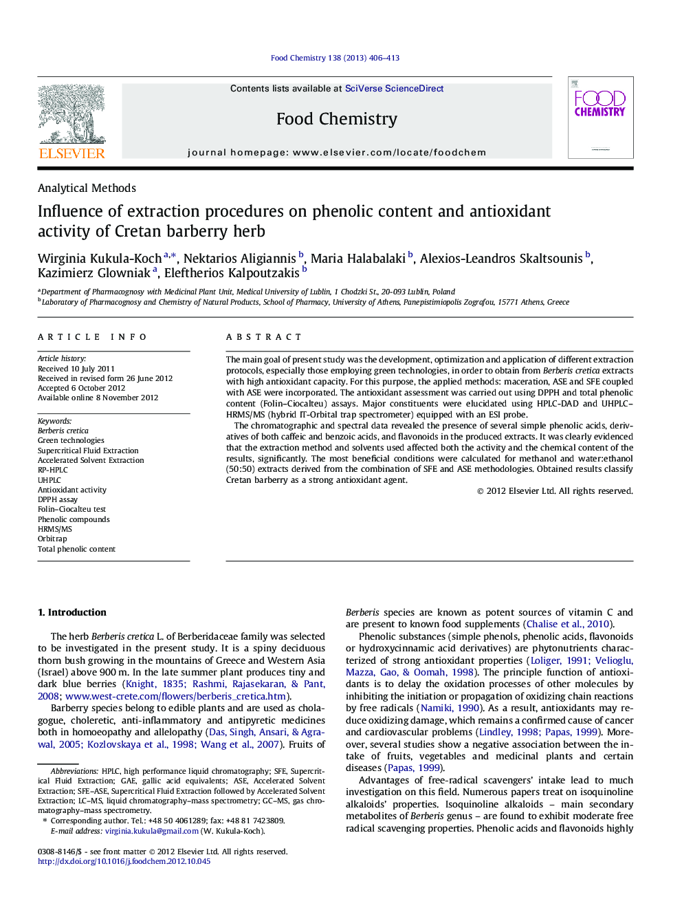 Influence of extraction procedures on phenolic content and antioxidant activity of Cretan barberry herb