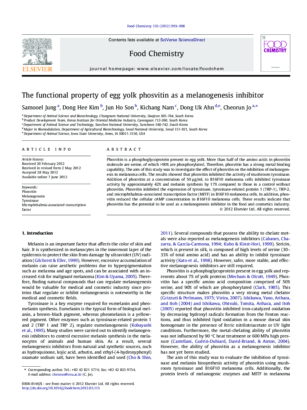 The functional property of egg yolk phosvitin as a melanogenesis inhibitor