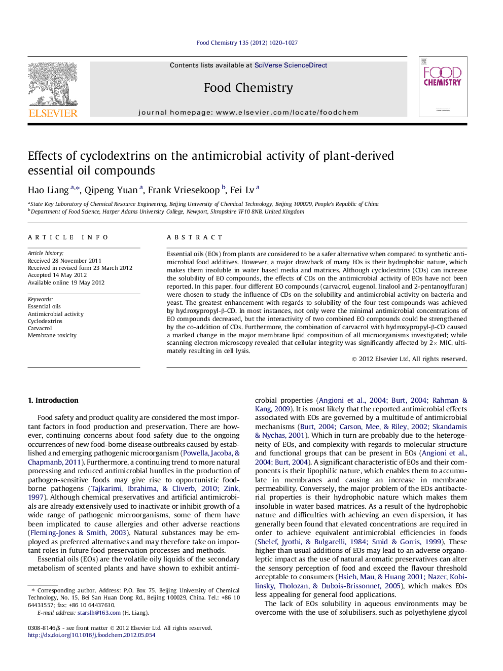 Effects of cyclodextrins on the antimicrobial activity of plant-derived essential oil compounds