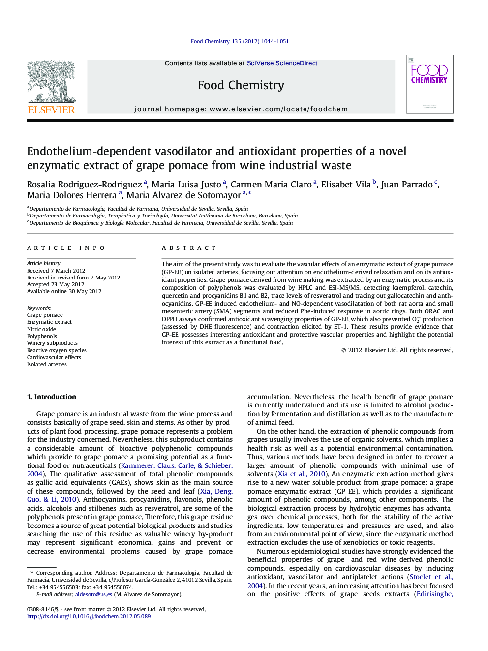 Endothelium-dependent vasodilator and antioxidant properties of a novel enzymatic extract of grape pomace from wine industrial waste