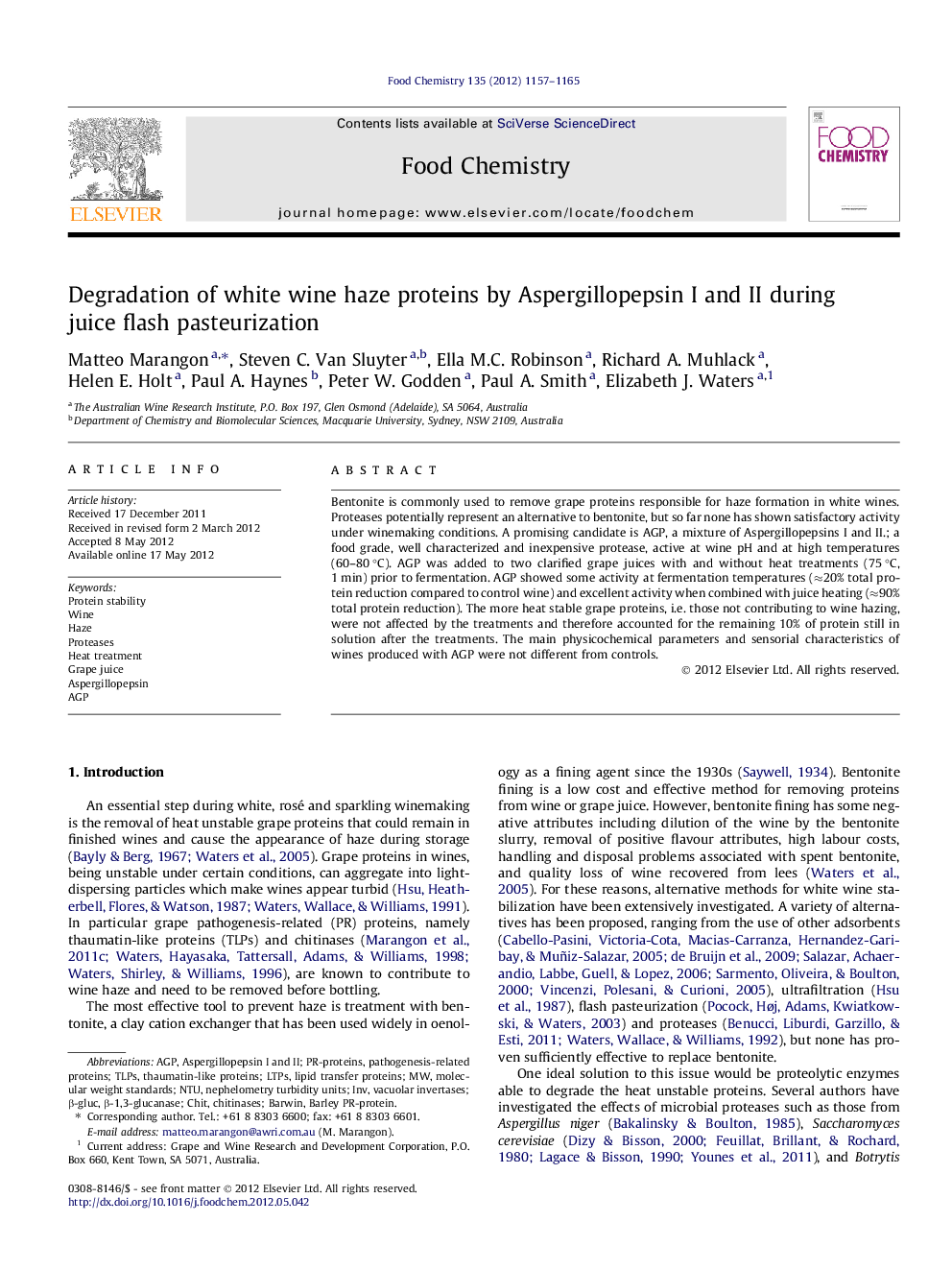 Degradation of white wine haze proteins by Aspergillopepsin I and II during juice flash pasteurization