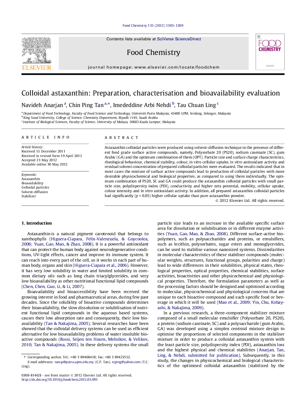 Colloidal astaxanthin: Preparation, characterisation and bioavailability evaluation