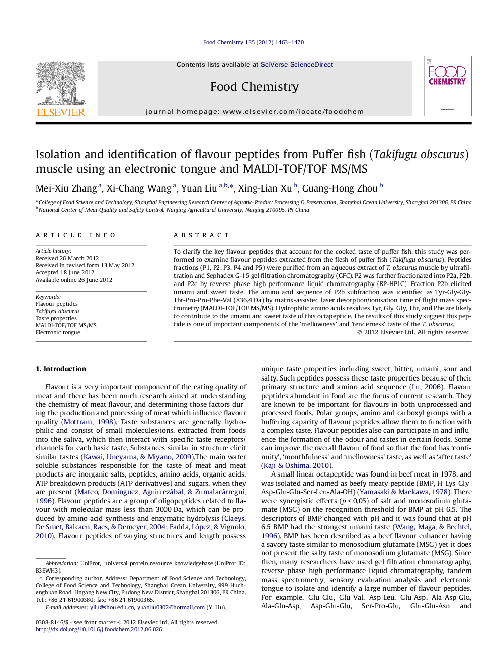 Isolation and identification of flavour peptides from Puffer fish (Takifugu obscurus) muscle using an electronic tongue and MALDI-TOF/TOF MS/MS