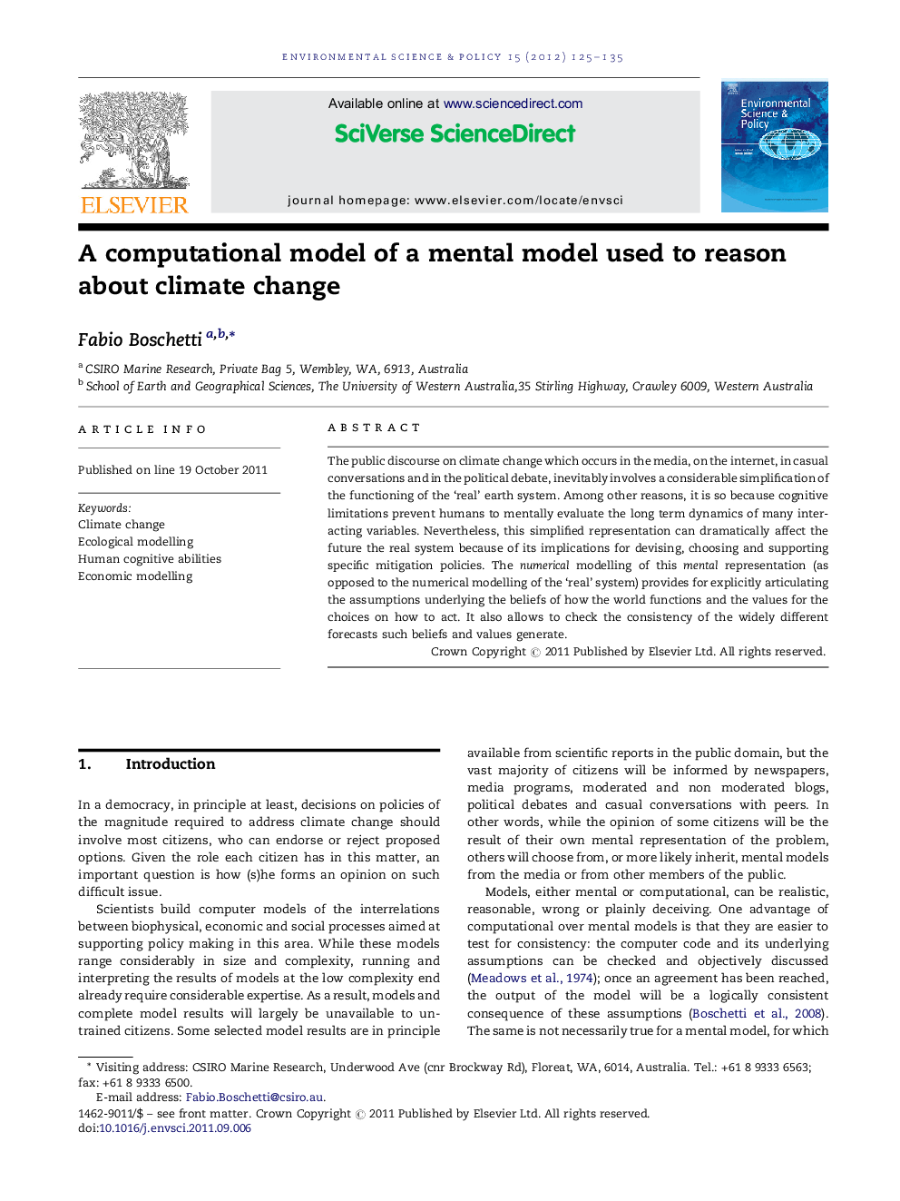 عکس صفحه اول مقاله: A computational model of a mental model used to reason about climate change A computational model of a mental model used to reason about climate change