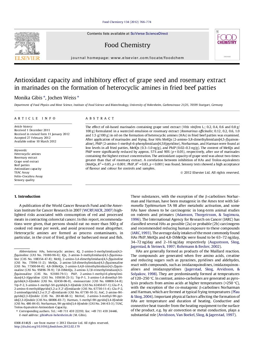 Antioxidant capacity and inhibitory effect of grape seed and rosemary extract in marinades on the formation of heterocyclic amines in fried beef patties