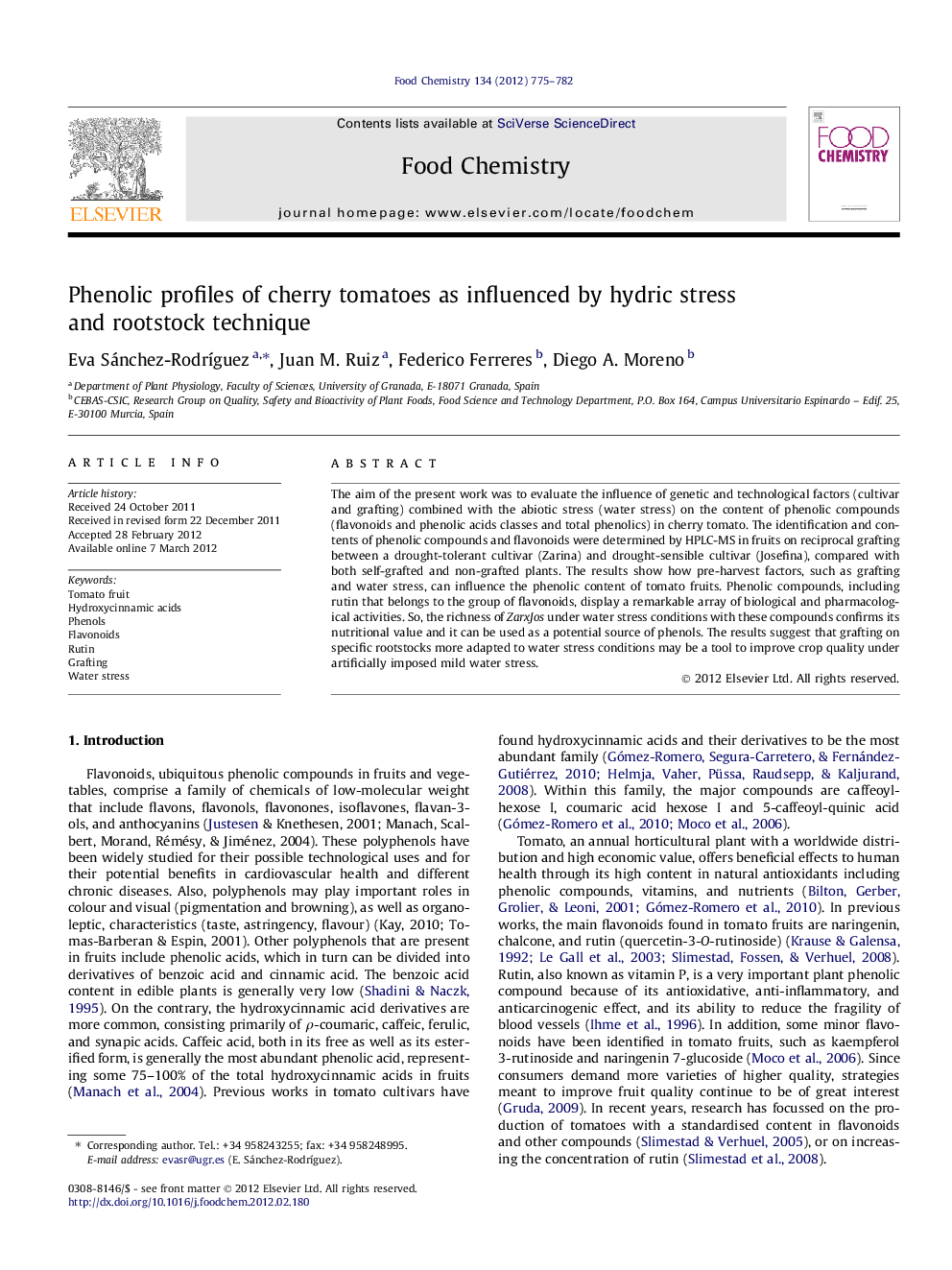 Phenolic profiles of cherry tomatoes as influenced by hydric stress and rootstock technique