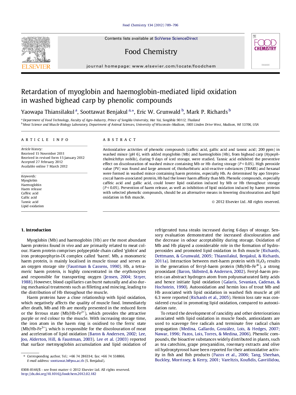 Retardation of myoglobin and haemoglobin-mediated lipid oxidation in washed bighead carp by phenolic compounds