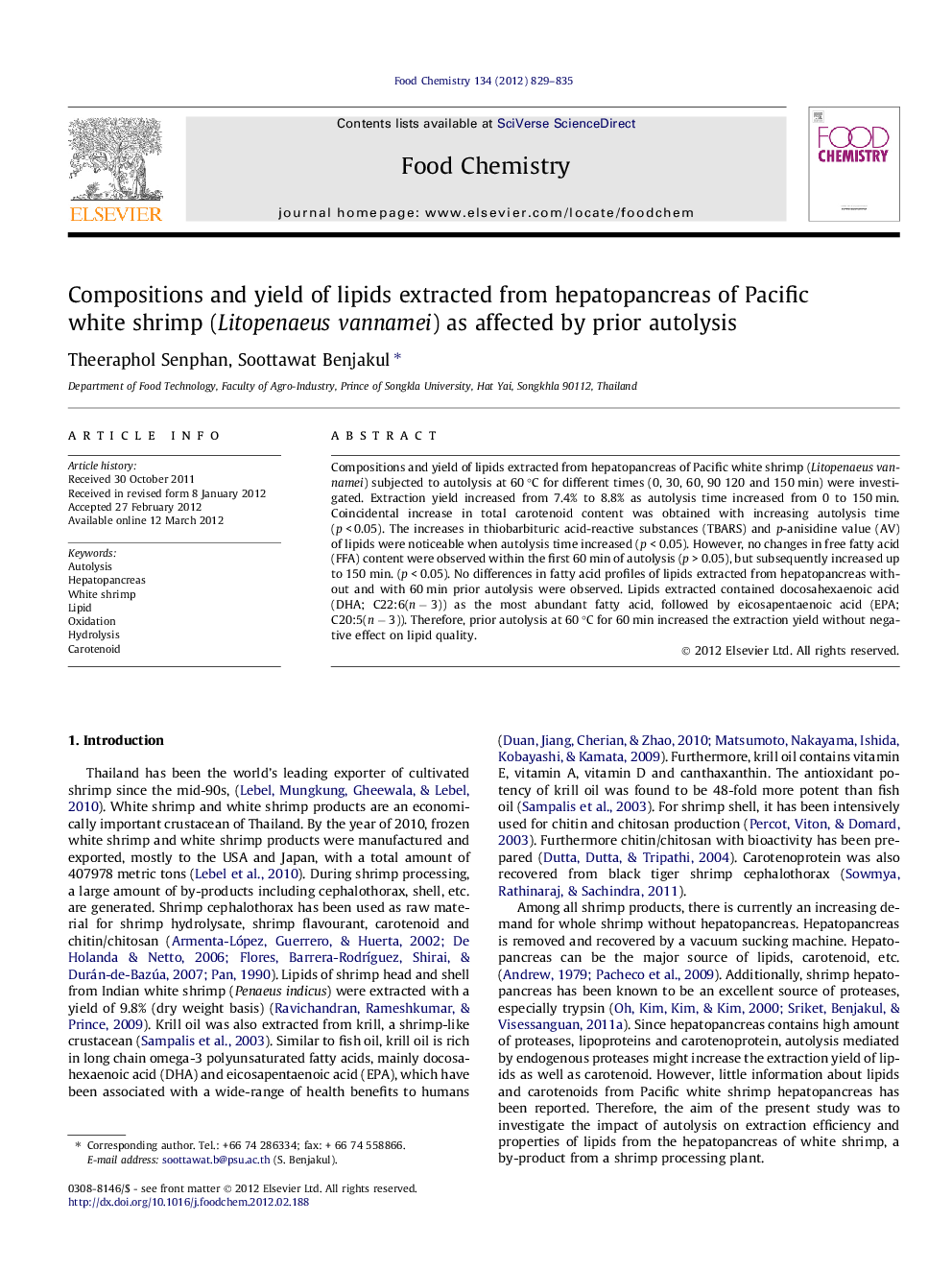 Compositions and yield of lipids extracted from hepatopancreas of Pacific white shrimp (Litopenaeus vannamei) as affected by prior autolysis