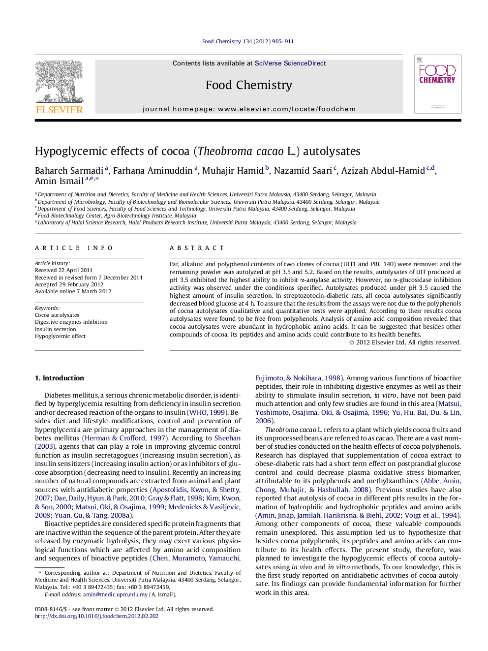 Hypoglycemic effects of cocoa (Theobroma cacao L.) autolysates