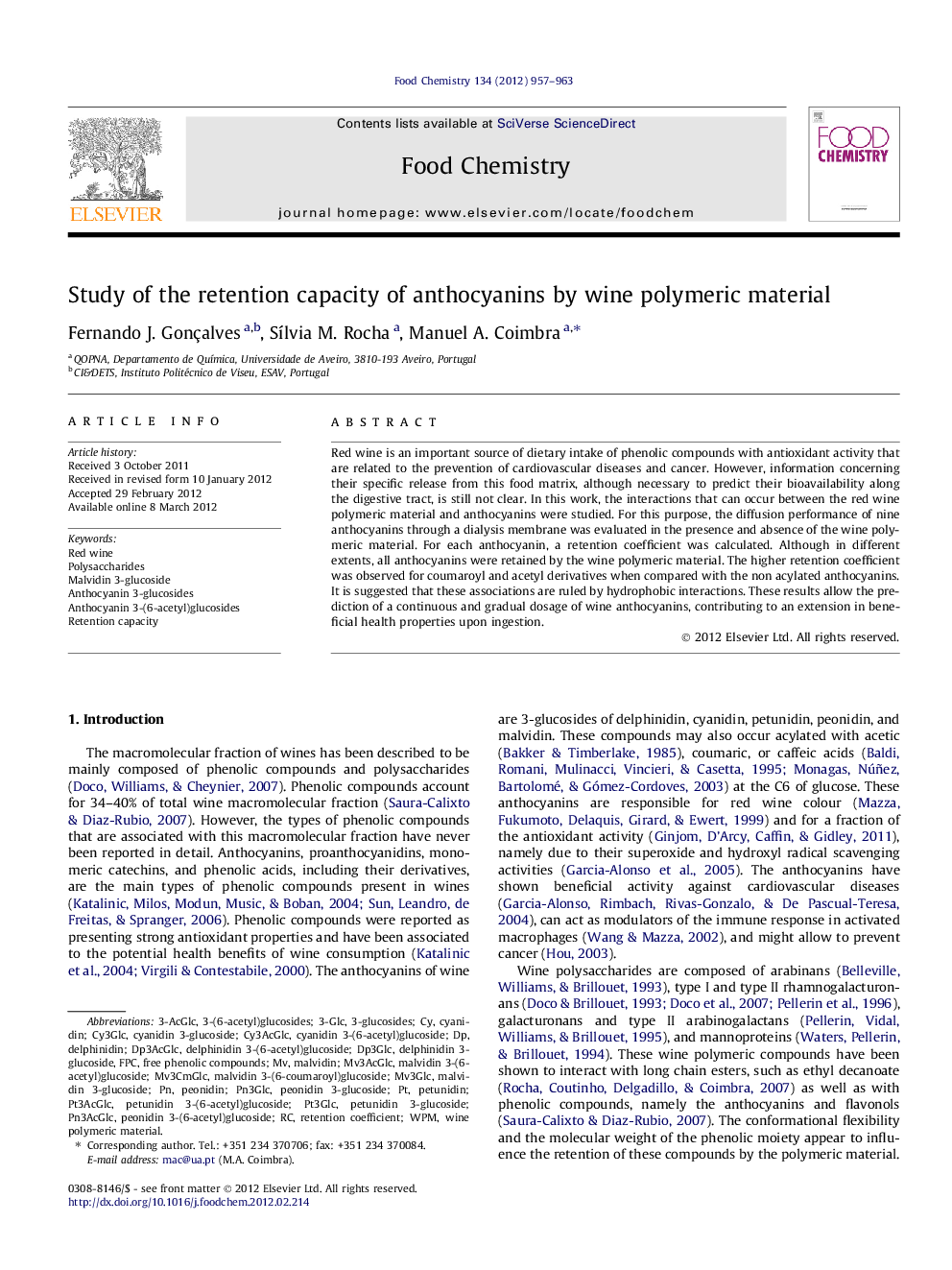 Study of the retention capacity of anthocyanins by wine polymeric material