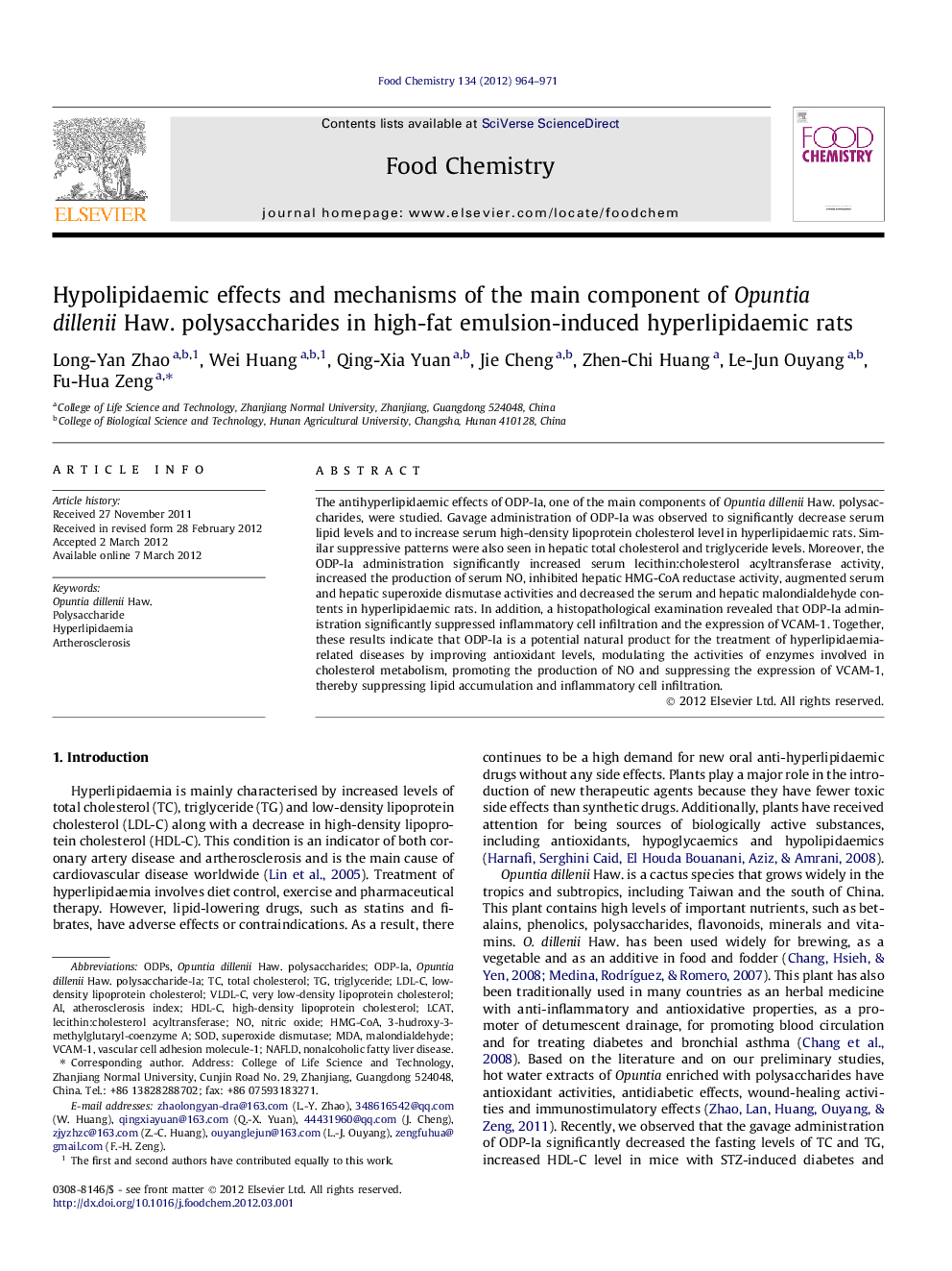 Hypolipidaemic effects and mechanisms of the main component of Opuntia dillenii Haw. polysaccharides in high-fat emulsion-induced hyperlipidaemic rats