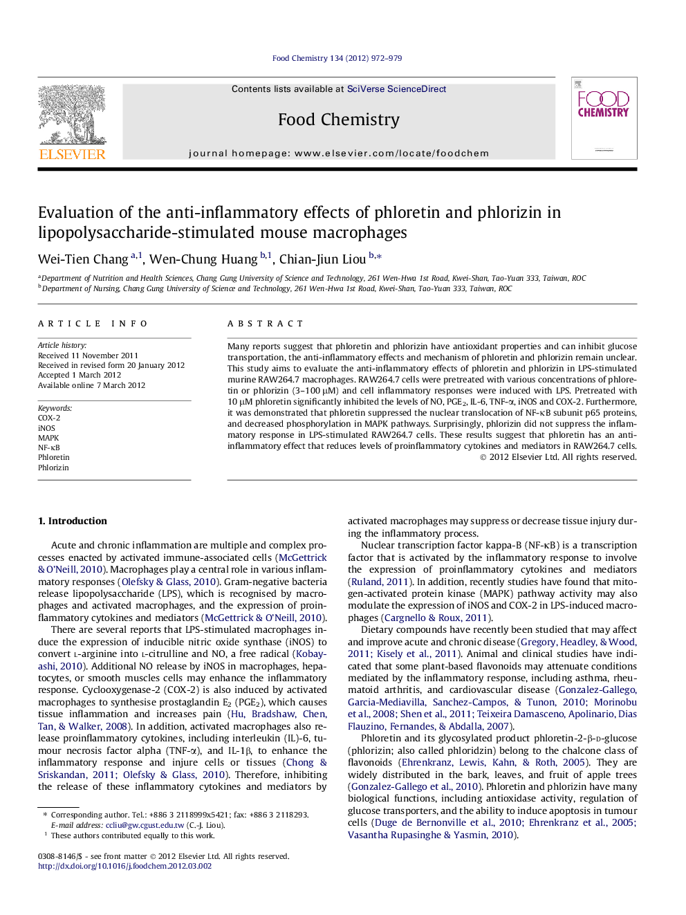 Evaluation of the anti-inflammatory effects of phloretin and phlorizin in lipopolysaccharide-stimulated mouse macrophages