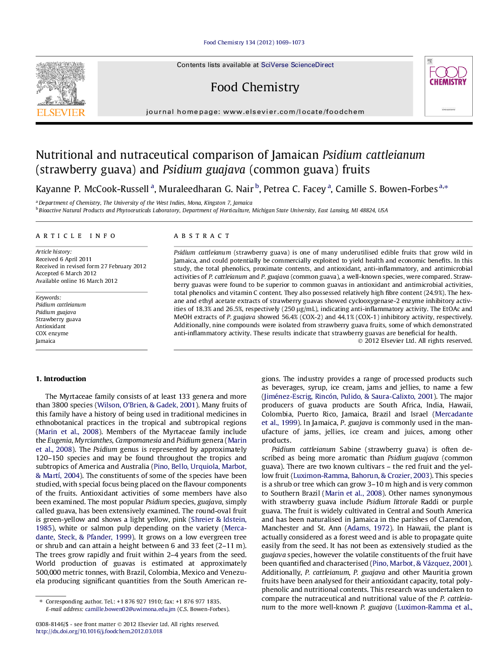 Nutritional and nutraceutical comparison of Jamaican Psidium cattleianum (strawberry guava) and Psidium guajava (common guava) fruits