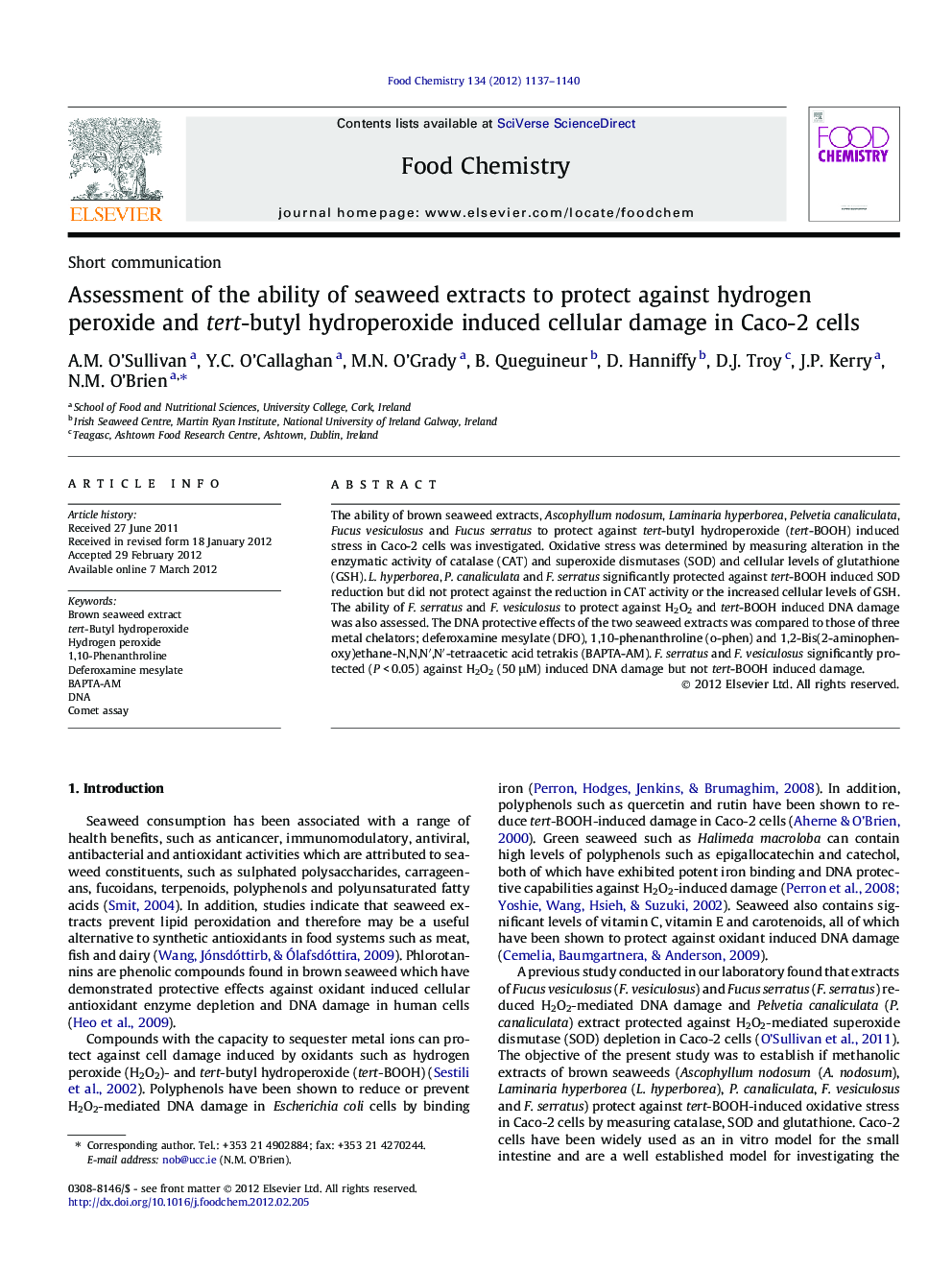 Assessment of the ability of seaweed extracts to protect against hydrogen peroxide and tert-butyl hydroperoxide induced cellular damage in Caco-2 cells