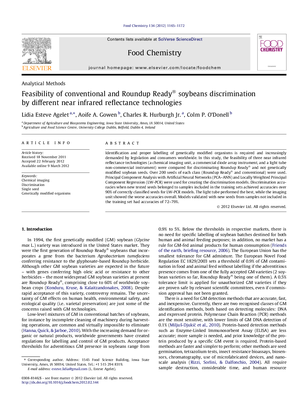 Feasibility of conventional and Roundup Ready® soybeans discrimination by different near infrared reflectance technologies