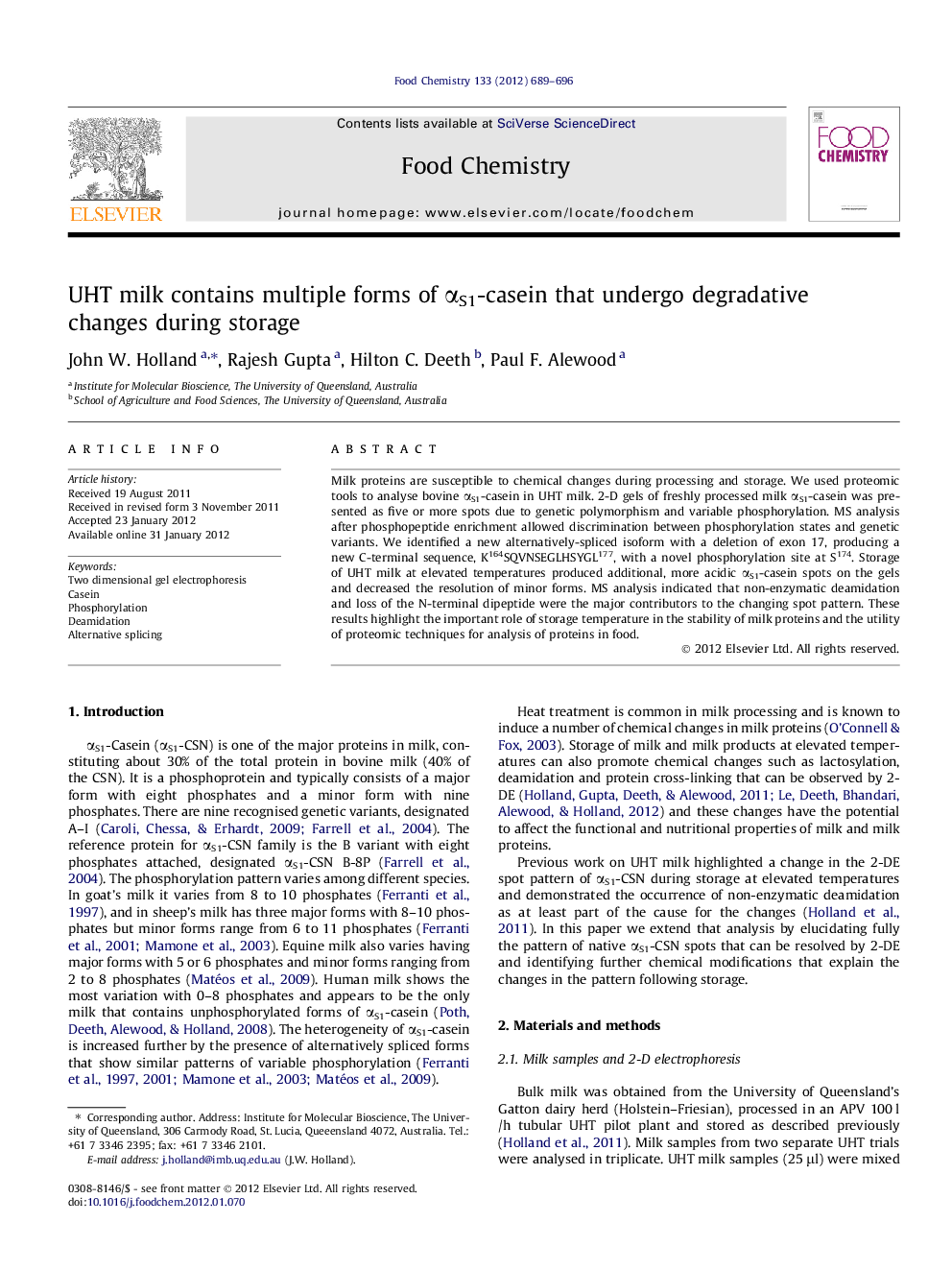 UHT milk contains multiple forms of Î±S1-casein that undergo degradative changes during storage