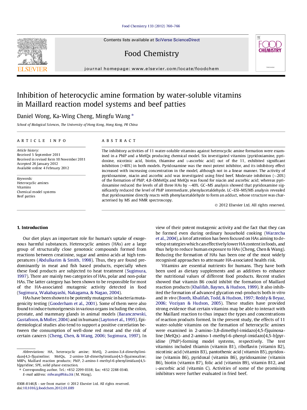 Inhibition of heterocyclic amine formation by water-soluble vitamins in Maillard reaction model systems and beef patties