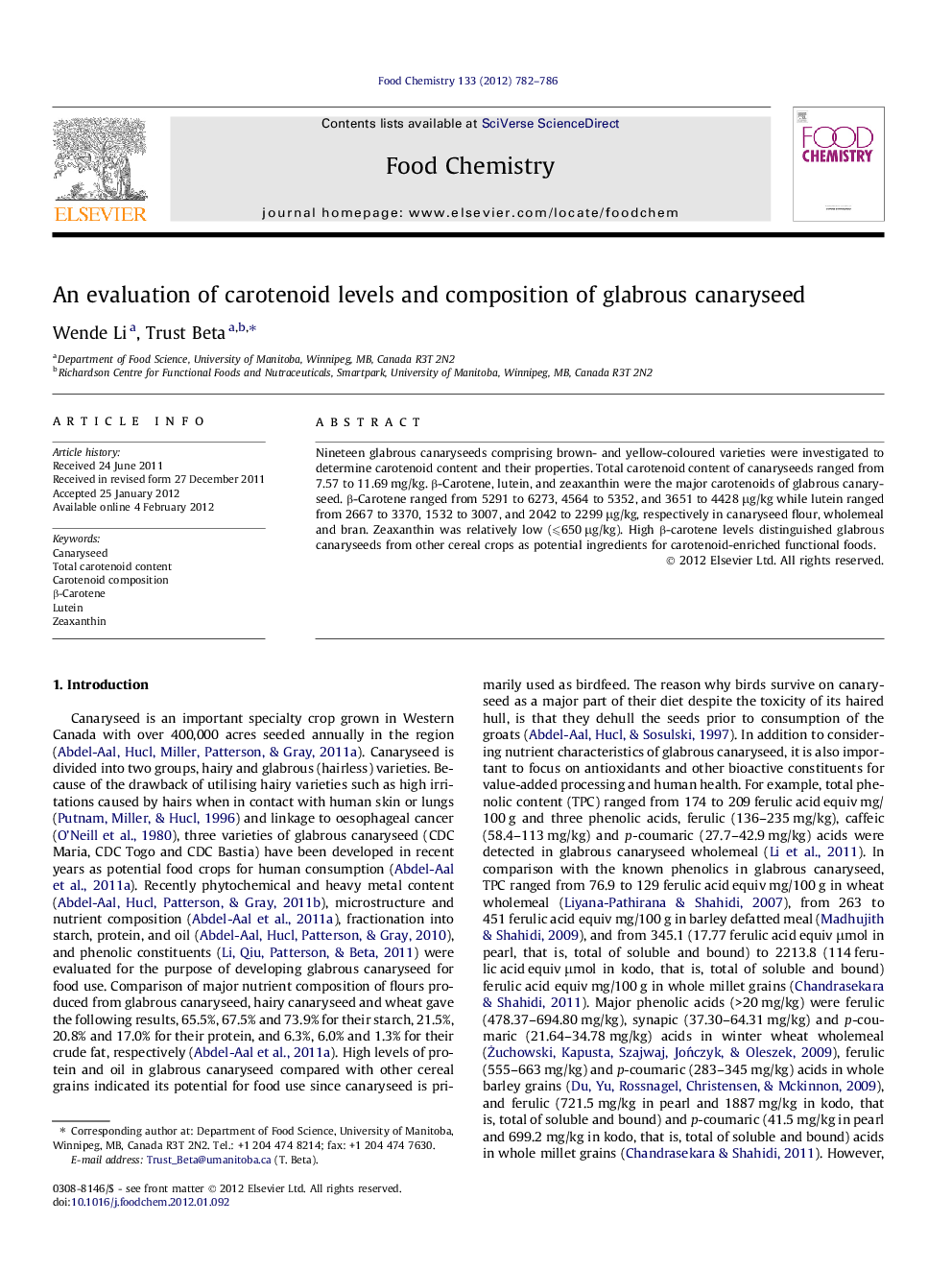 An evaluation of carotenoid levels and composition of glabrous canaryseed